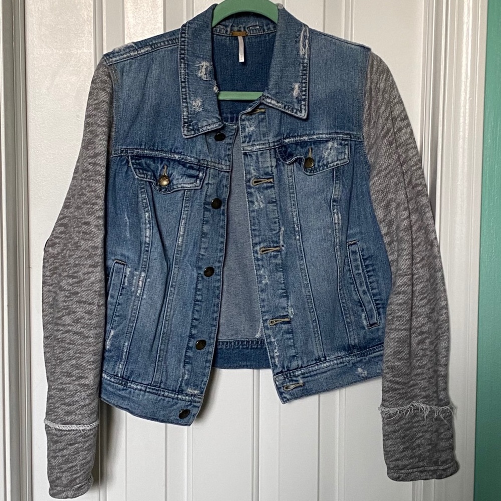 Free People Distressed Denim Jacket w Knit Sleeves